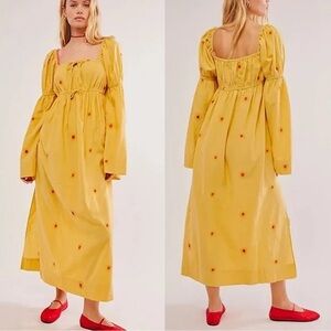 Free People Yellow Maxi Dress with Scoop Neck and Bishop Sleeves. Size Large
